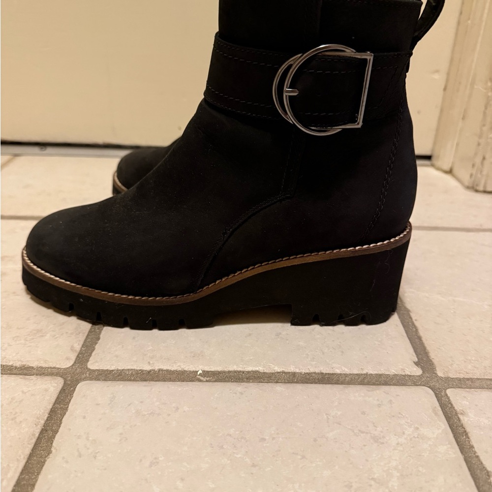 Blondo Black Heeled Combat Boots with Buckle